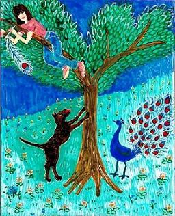 Guard Dog and Guard Peacock. An illustration from Jasmine's Unicorn by Sushila Burgess.