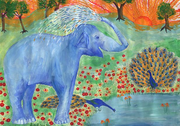 Blue Elephant Squirting Water by Sushila Burgess