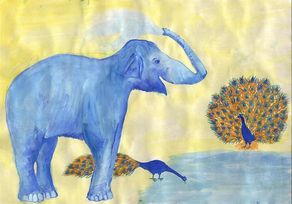 Blue Elephant Squirting Water In Progress by Sushila Burgess