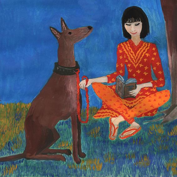 Girl and Dog detail of Puzzled Monkey Tree by Sushila Burgess