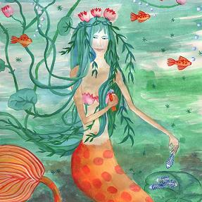 Detail of Lily Pond Mermaid with Goldfish Snack. A painting by Sushila Burgess.