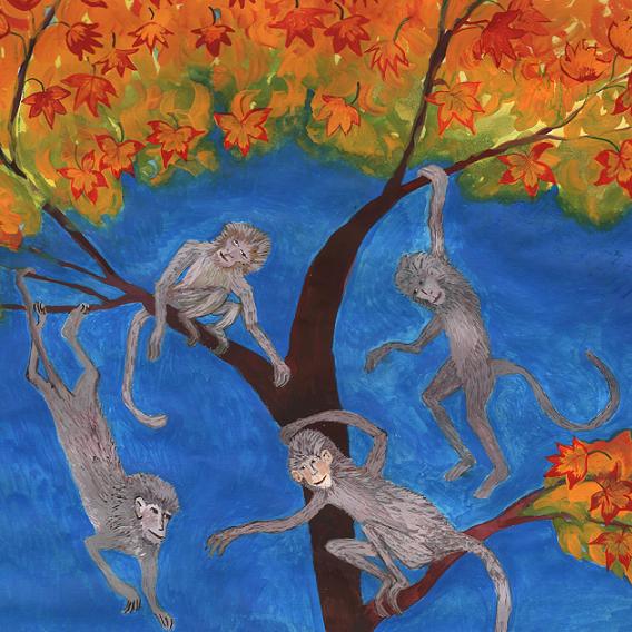 Monkeys detail of Puzzled Monkey Tree by Sushila Burgess