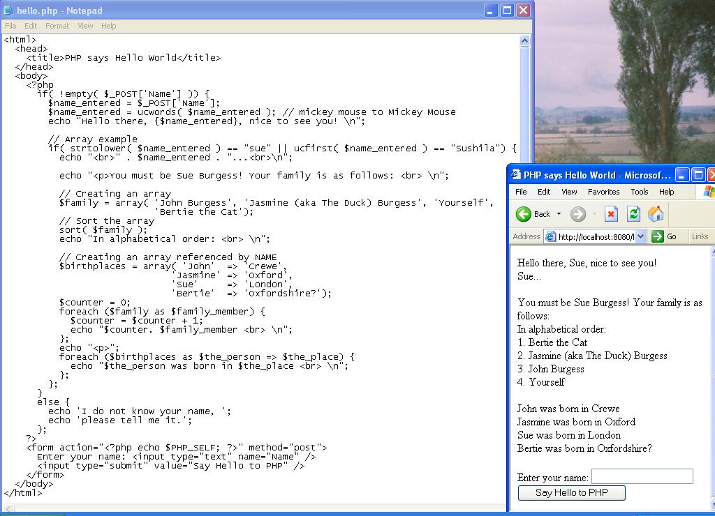 Screen dump showing some simple PHP code
