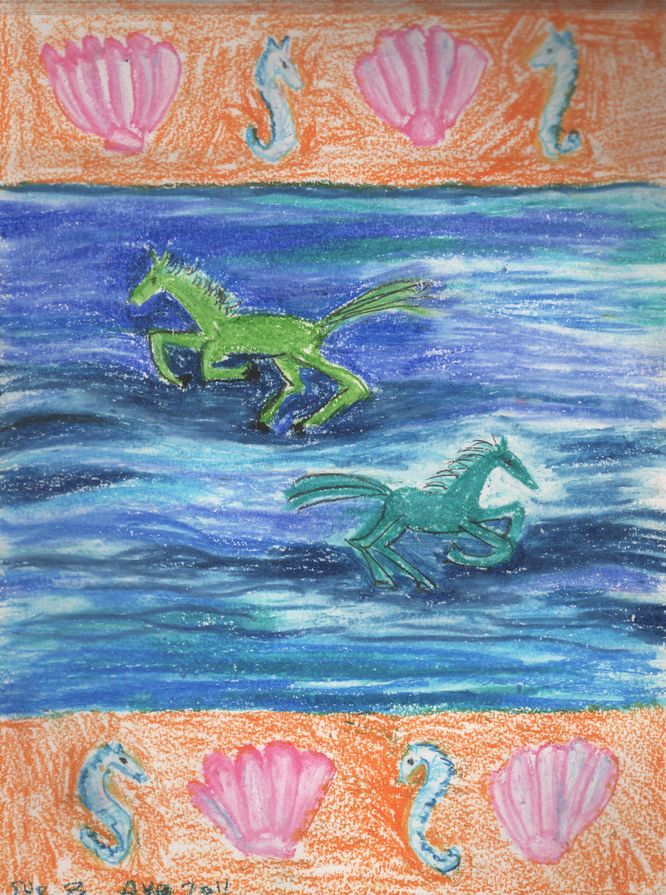 Sea Horses: sketch in oil pastels for White Horses on the Sea by Sushila Burgess