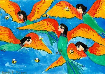 Bird People paintings by Sushila Burgess