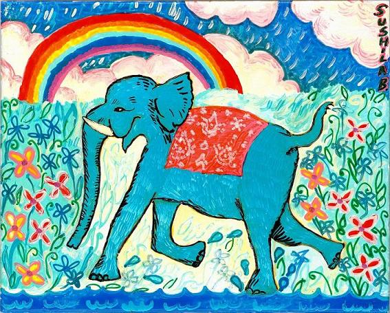Blue elephant running to accept an apple. A painting by Sushila Burgess.