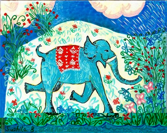 Blue elephant waving its trunk. A painting by Sushila Burgess.