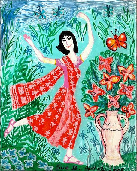 Woman in red sari dancing. A painting by Sushila Burgess.