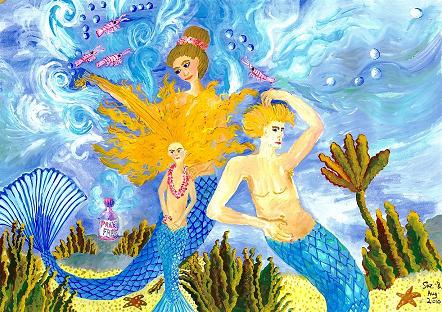 Mer Mum and Comb. A painting about underwater nit-combing by Sushila Burgess.