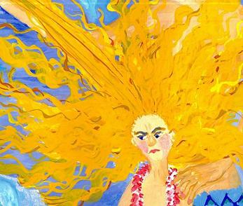 Detail of Mer Mum and Comb: the Daughter. A painting about underwater nit-combing by Sushila Burgess.