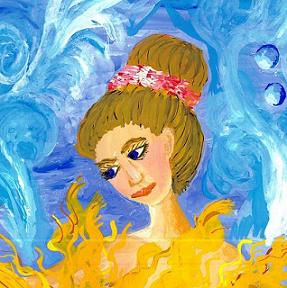 Detail of Mer Mum and Comb: the Mum. A painting about underwater nit-combing by Sushila Burgess.