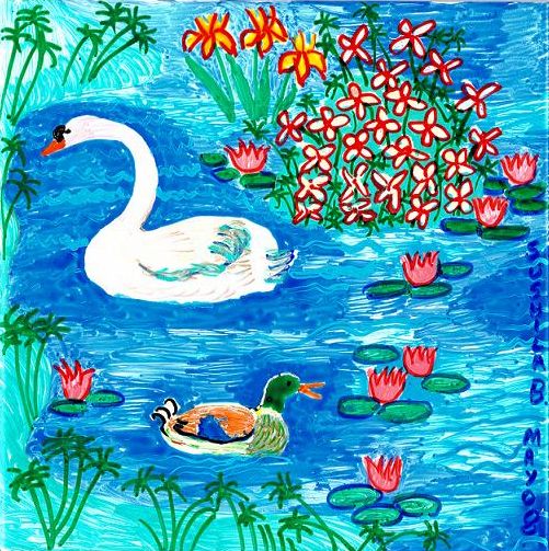 Swan and duck. A painting by Sushila Burgess.