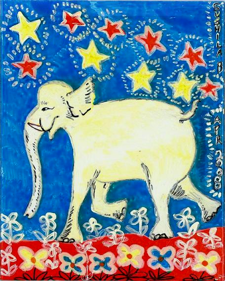 Yellow elephant facing left. A painting by Sushila Burgess.