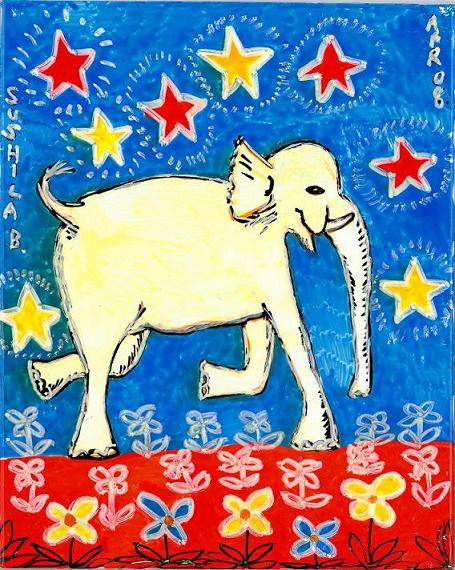 Yellow elephant facing right. A painting by Sushila Burgess.
