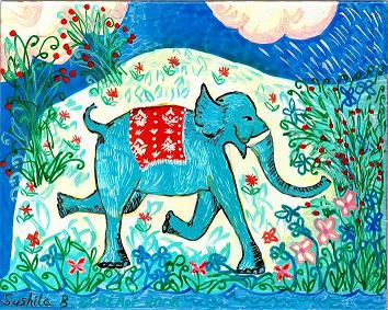 Painting of blue elephant waving its trunk. By Sushila Burgess.