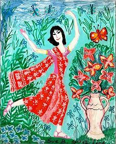 Painting of woman in red sari dancing. By Sushila Burgess.