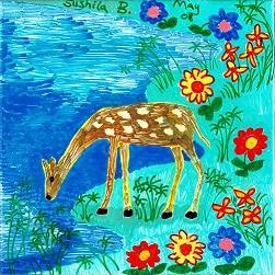 Painting of deer drinking. By Sushila Burgess.