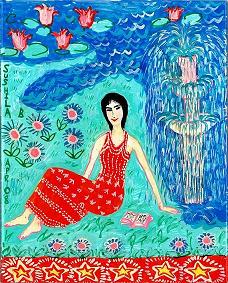 Painting of woman in red and gold dress sitting by fountain and reading. By Sushila Burgess.