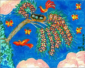 Painting of birds' nest in flowering tree. By Sushila Burgess.