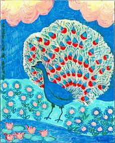 Painting of peacock beside lily pond. By Sushila Burgess.
