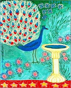 Painting of peacock beside birdbath. By Sushila Burgess.