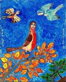 Bird people: robin. A painting by Sushila Burgess.
