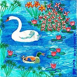 Painting of swan and duck. By Sushila Burgess.