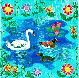 Painting of swan and two ducks. By Sushila Burgess.