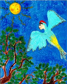 Bird people: woodpecker. A painting by Sushila Burgess.