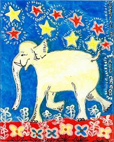 Painting of yellow elephant. By Sushila Burgess.
