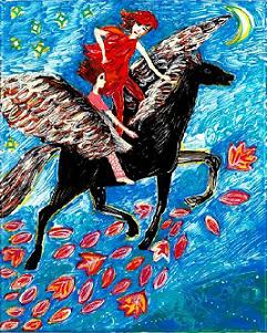 She Flies with the West Wind. An illustration from Jasmine's Unicorn by Sushila Burgess.