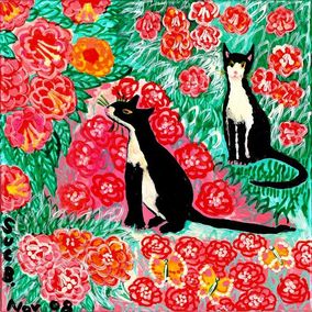 Cats and Roses. A painting by Sushila Burgess.
