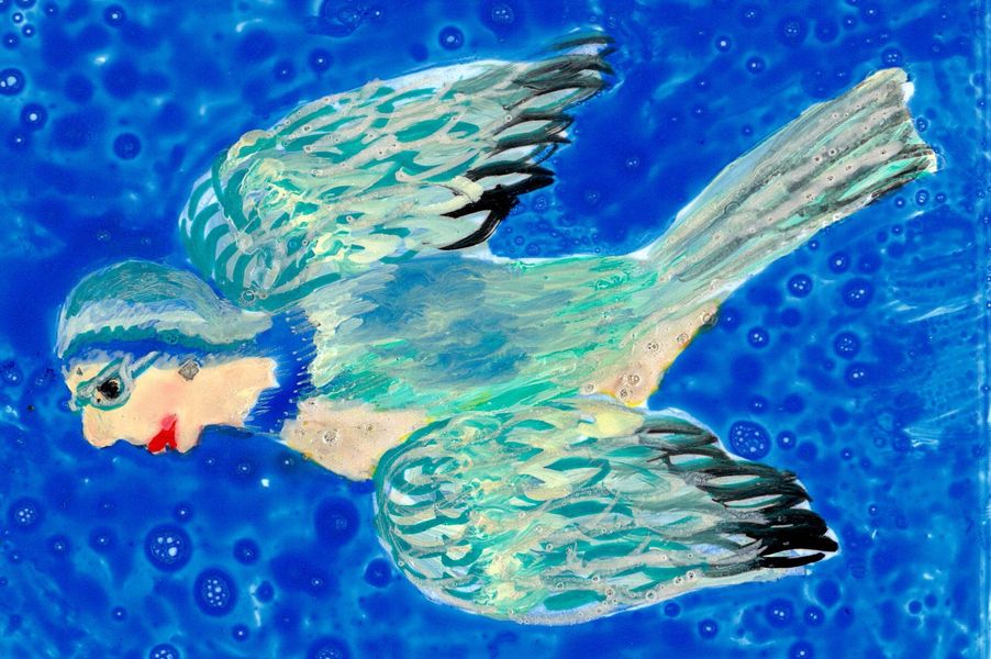 Bird people: bluetit detail of Robin painting
