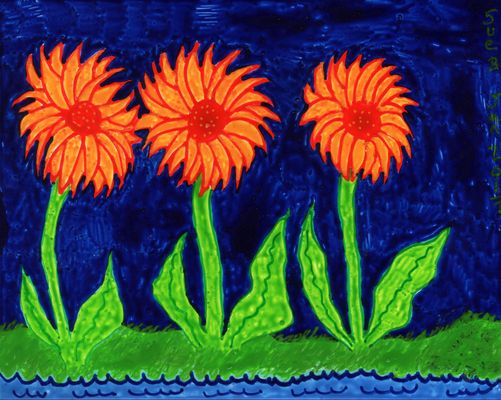 Sunflowers on Indigo. A painting by Sushila Burgess.