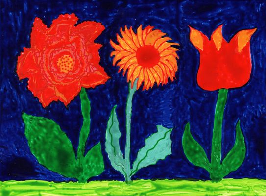 Three Flowers on Indigo. A painting by Sushila Burgess.